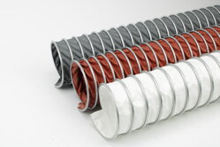 Coated-fabric hoses with an outer spiral for exhaust of air and fumes.